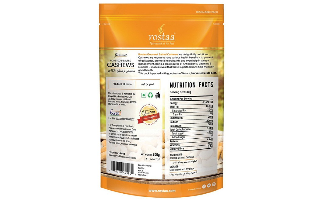 Rostaa Roasted & Salted Cashews   Pack  200 grams